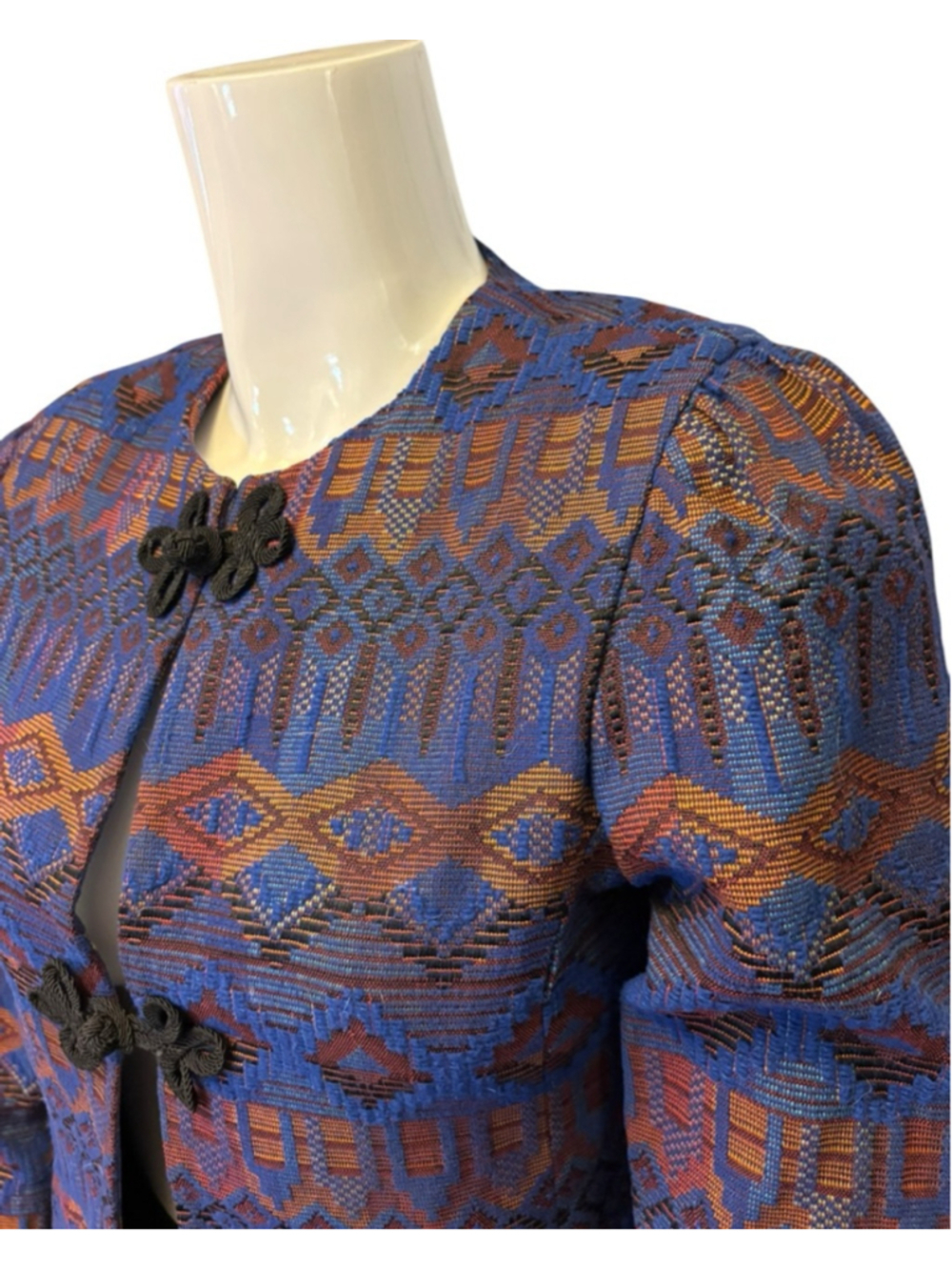 Vintage 80s Blue Copper Jacquard Cropped Evening Jacket,M, Frog Closure Boutique - Picture 3 of 13